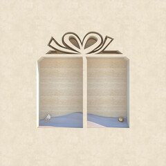 Empty wooden podium backdrop with Christmas decoration shape. 3d render.