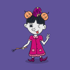 Illustration vector graphic of witch kids woman with pumpkin in hair