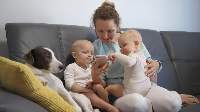 Digital literacy from early age. Single mother shows her 2 baby girls how to use smartphone with dog on couch 