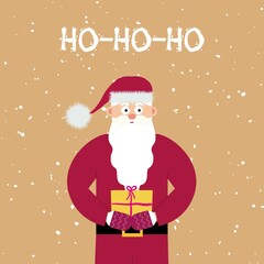 Fat santa with present, Lettering phrase HO-HO-HO and snow. Merry christmas happy new year winter illustration. Holiday vector background. Traditional holiday. Santa holding the box, pack.