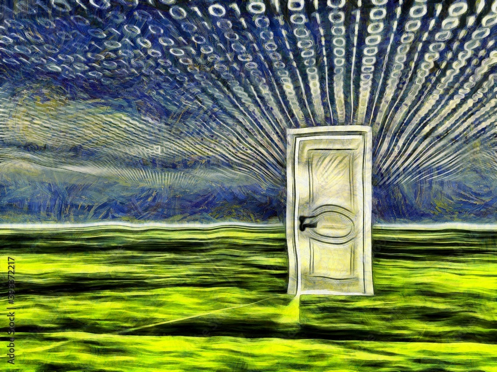 Poster surreal painting. white door stands on a green surface. binary code in the sky. 3d rendering