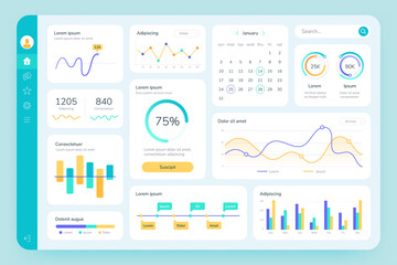 Dashboard UI. Simple data software, chart and HUD diagrams, admin panels. Modern financial application interface template vector infographic. Illustration report diagram visualization statistic - obrazy, fototapety, plakaty