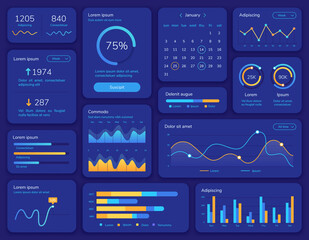 Hud interface. Futuristic ui screen with data display, statistic graphs, menu and calendar. Dashboard info panel and element vector template. Presentation structure chart report menu illustration