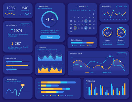 Hud interface. Futuristic ui screen with data display, statistic graphs, menu and calendar. Dashboard info panel and element vector template. Presentation structure chart report menu illustration