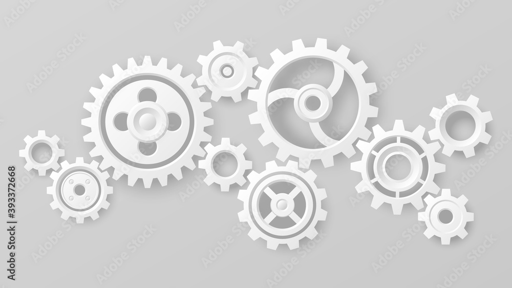 Wall mural Gear wheels. Realistic 3d white cogs and gears mechanism. Teamwork cooperation machine symbolism. Engineering and technology vector. Cooperation and connection, technical equipment