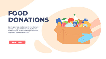 Food donation. Volunteers hands in gloves holding box with grocery and products. Charity food drive poor homeless people vector concept. Illustration donate and care, assistance food and help charity