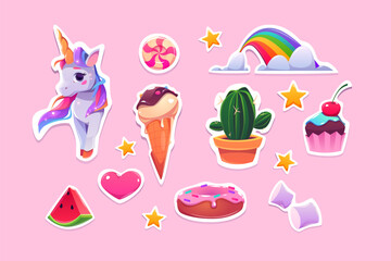 Cute stickers for girls cartoon unicorn, ice cream, rainbow and pink heart, watermelon slice, stars, cupcake and donut with marshmallow, candy and cactus in pot Cartoon vector illustration, icons set
