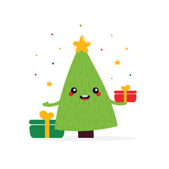Cute cartoon style Christmas tree character holding gift box, giving or receiving presents. Vector illustration.
