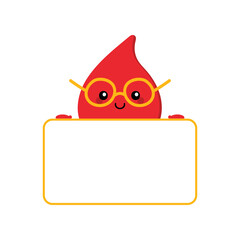 Cute cartoon style red blood drop character holding in hands blank, empty card for quote or information.