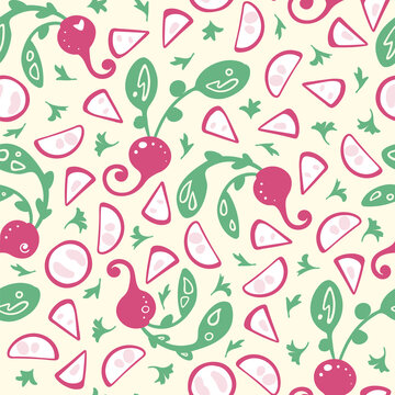 Vector seamless pattern for wallpaper, textile fabric, wrapping paper. Vegetable hand drawn ornament with radish and  parsley on yellow background.