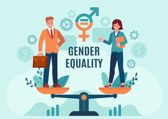 Gender business equality. Employee woman and man standing on balanced scales. Fair job opportunity and salary. Equal rights vector concept. Gender equality professional opportunity illustration