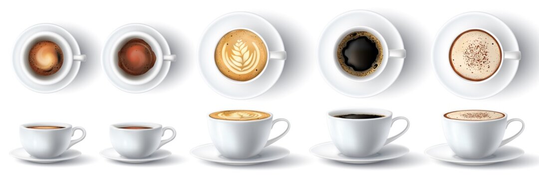 Coffee Cup. Realistic Hot Ristretto, Espresso, Foam Americano, Latte And Cappuccino With Cream In Cups. Mug Front And Top View 3d Vector Set. Illustration Aroma Liquid In Cup, Container Realistic