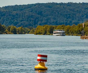 Beautiful view with a tourist ship near the famous Befreiungshalle, Kelheim, Danube, Bavaria, Germany