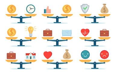 Scales work balance. Time is money, home and business, job and family life, price and idea comparison. Flat icon choice concept vector set. Illustration scale balance, idea and home life, job and time