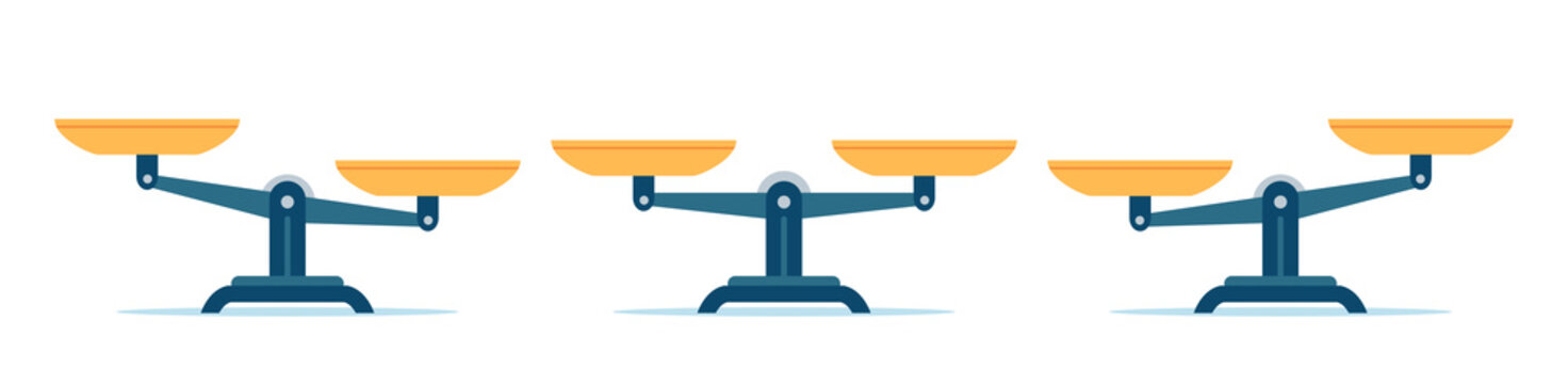 Scales In Balance And Imbalance. Flat Libra Icon With Gold Bowls In Equal Position. Weight Mass Comparison On Leverage Scales, Vector Set. Illustration Equality Measurement, Weigh Imbalance