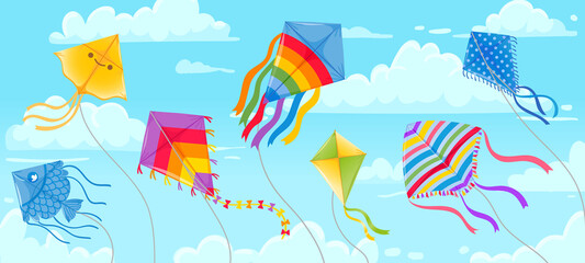 Kites in sky. Summer blue skies and clouds with kite on string flying in wind. Kites festival banner. Outdoor fun hobby vector background. Illustration kite in air sky, different outdoor toys