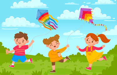 Obraz na płótnie Canvas Kids with kites. Boy and girl outside playing with flying toy in park. Cartoon children and kite in wind sky. Summer activity vector concept. Colored kite and playing on green meadow illustration