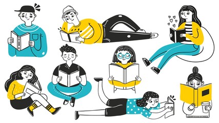 People reading books. Young women and men in cozy poses enjoying hobby. Hand drawn students learning. Cartoon sketch book readers vector set. Woman person with book, literature reading illustration