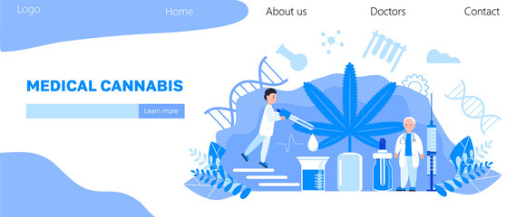 Naklejka premium Medical cannabis concept vector. Tiny doctors show advantages of medical marijuana, cannabinoids medicinal drugs. Bottle with CDB oil. Health care homepage, template