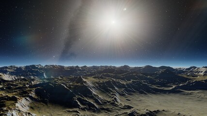 Exoplanet fantastic landscape. Beautiful views of the mountains and sky with unexplored planets. 3D render