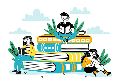 Reading on pile of books. Happy students sit on big book stack, read and learn. Books festival poster for bookstore, library vector concept. Illustration training and studying, pile book literature