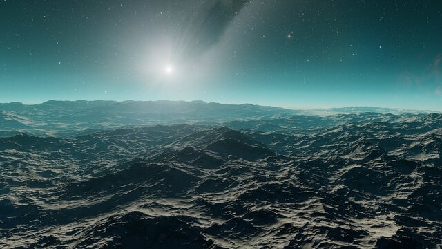 Exoplanet fantastic landscape. Beautiful views of the mountains and sky with unexplored planets. 3D render