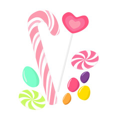 Candy collection with sweets heart shaped lollipop, candy cane, caramel and chocolate colored pebbles, isolated on white background