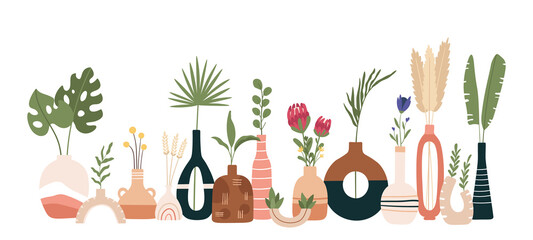 Ceramic vase poster. Scandinavian art with vases, pots and jugs. Handmade pottery kitchen banner. Minimal modern flat vector print. Scandinavian ceramic vase, floral decoration blossom illustration - obrazy, fototapety, plakaty