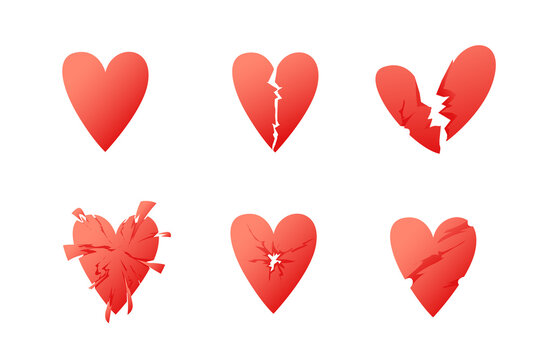 Set of illustrations of a broken human heart on a white background. Modern flat, heart disease. Shattered organ, cardiovascular dystonia.