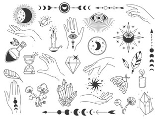 Boho mystic elements. Witch magic vintage logos with crystals, hands, moon and eyes. Outline spiritual and esoteric tattoo design vector set. Illustration magic tattoo, mystic boho esoteric - obrazy, fototapety, plakaty