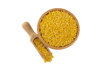 Mung dal or Mung daal bean in wooden bowl and scoop isolated on white background. nutrition. bio....
