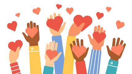 Hands donate hearts. Charity, volunteer and community help symbol with hand gives heart. People share love. Valentines day vector concept. Give sign red heart in hand illustration