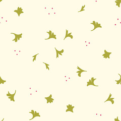 Vector seamless pattern for wallpaper, textile fabric, wrapping paper. Hand drawn ornament with green parsley and pink dots on yellow background.