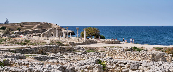 The ruins of the Chersonesos Taurica, Sevastopol, Crimea. Tourists visiting the sights.