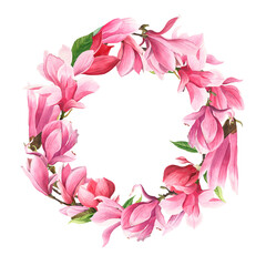 Watercolor wreath of magnolia flowers. Object on a white background.