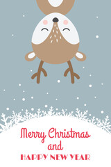 Fototapeta premium Christmas card with reindeer cartoon. Deer cute character with Merry Christmas and Happy New Year text, 10x15 ratio.