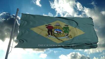 Delaware flag on a flagpole waving in the wind in the sky. 3d rendering
