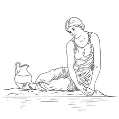 A young ancient Greek woman sits on the bank of the river with a bowl and collects water in a jug. Figure isolated on white background.