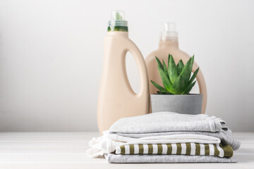Clean clothes and eco-friendly bottled laundry detergents. Homemade green succulent plant. Green...