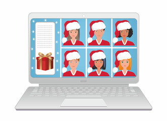 Online Santa Claus workshop, meeting. New normal. Vector illustration. EPS10.