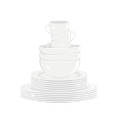 Stack of clean shining white dishes isolated on white background. Washed dishware, kitchen tableware. Vector illustration.