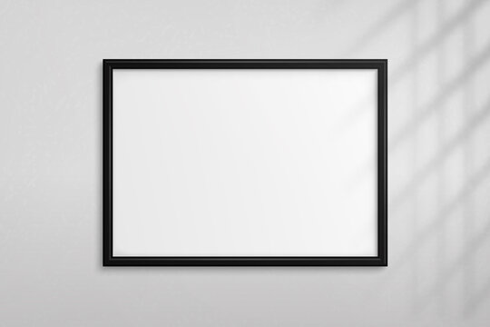 Mockup black frame photo. Shadow on wall. Mock up artwork picture framed. Horizontal boarder. Empty board a4 photoframe. Modern stylish 3d border for design prints poster, painting image. Vector