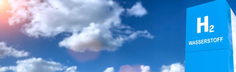 hydrogen logo on gas station. h2 combustion engine for emission free ecofriendly transport. print says 