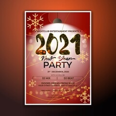 Vector illustration of New Year 2021 party invitation poster with beautiful bokeh background, New year DJ party poster , flyer, big party, free drinks & food, dj night, disco night