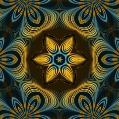 yellow and bright blue linear horizontal stripes on a jet black background transformed to abstract patterns and intricate hexagonal delicate floral fantasy designs
