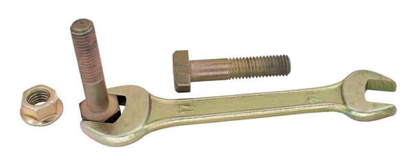 spanner with nut and bolt on white