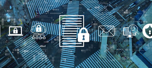 Data protection concept with busy city traffic intersection