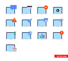 Laptop status icon set of color types. Isolated vector sign symbols. Icon pack.