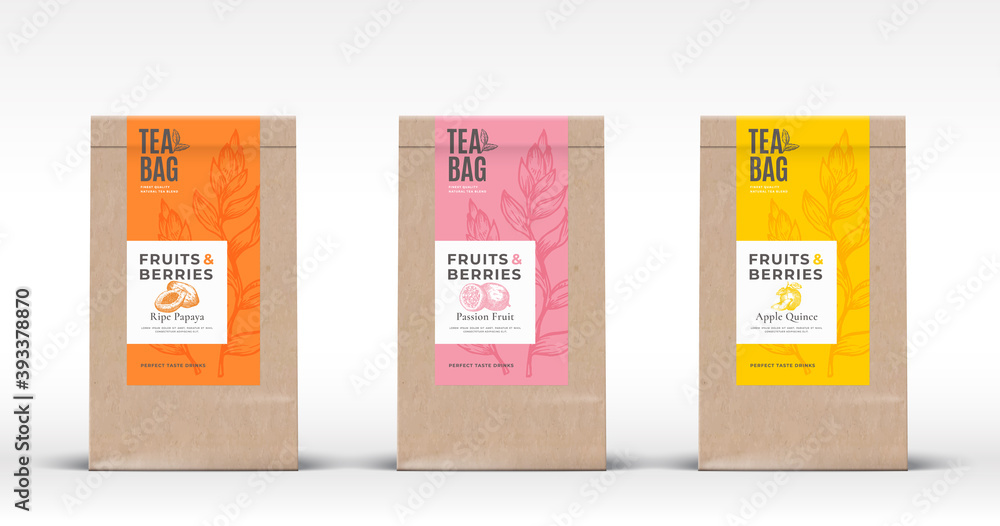 Canvas Prints craft paper bag with exotic fruits tea labels set. abstract vector packaging design layout with real