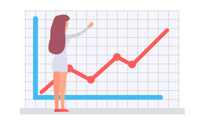 Woman office worker manager analyzes demand on presentation with increasing graph, checks indicators. Project management and financial report strategy. Consulting team, business analysis planning